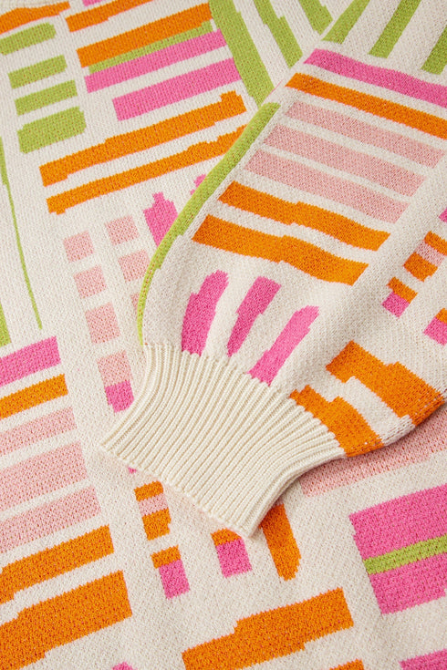 Striped Puff Sleeve Crew Neck Viscose Blend Sweater