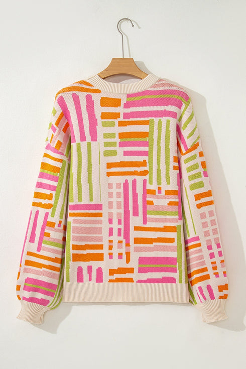 Striped Puff Sleeve Crew Neck Viscose Blend Sweater