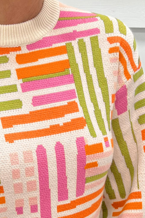 Striped Puff Sleeve Crew Neck Viscose Blend Sweater
