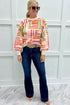 Striped Puff Sleeve Crew Neck Viscose Blend Sweater