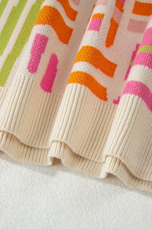 Striped Puff Sleeve Crew Neck Viscose Blend Sweater