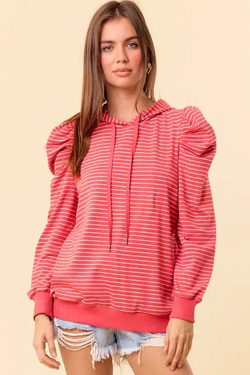 Striped Puff Sleeve Drawstring Hood Rib Trim Pullover Hoodie