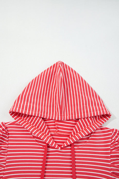 Striped Puff Sleeve Drawstring Hood Rib Trim Pullover Hoodie