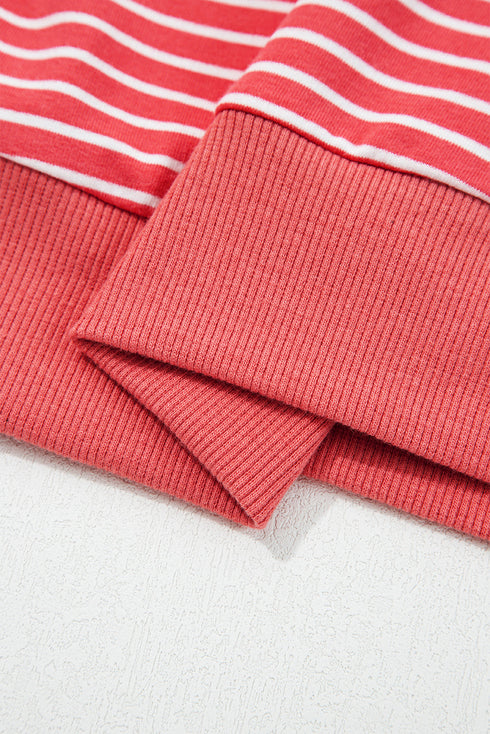 Striped Puff Sleeve Drawstring Hood Rib Trim Pullover Hoodie