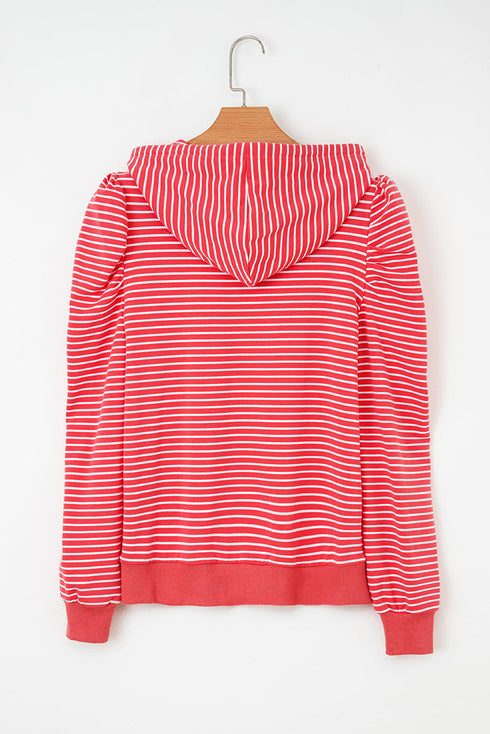 Striped Puff Sleeve Drawstring Hood Rib Trim Pullover Hoodie