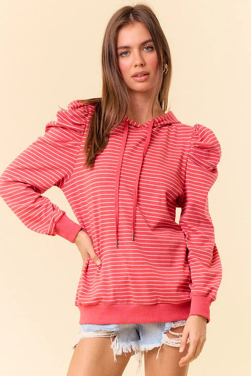 Striped Puff Sleeve Drawstring Hood Rib Trim Pullover Hoodie