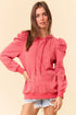 Striped Puff Sleeve Drawstring Hood Rib Trim Pullover Hoodie