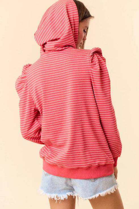 Striped Puff Sleeve Drawstring Hood Rib Trim Pullover Hoodie