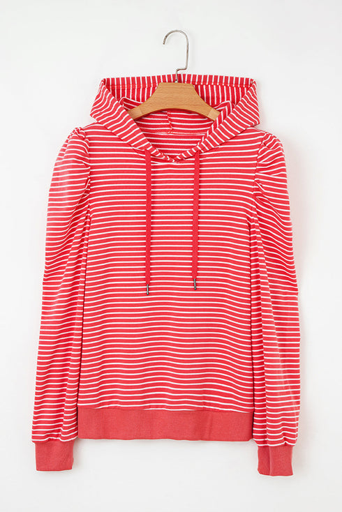 Striped Puff Sleeve Drawstring Hood Rib Trim Pullover Hoodie
