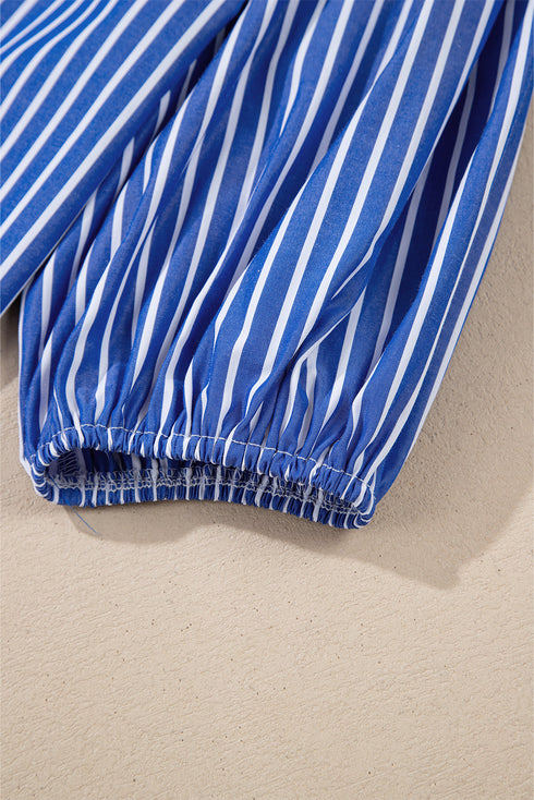 Striped Puff Sleeve Tie Front V Neck Blouse