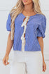 Striped Puff Sleeve Tie Front V Neck Blouse