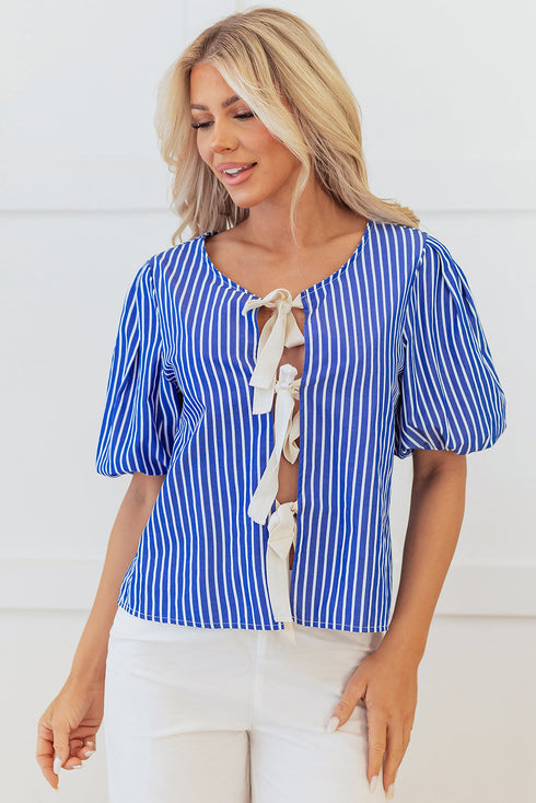 Striped Puff Sleeve Tie Front V Neck Blouse