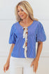 Striped Puff Sleeve Tie Front V Neck Blouse