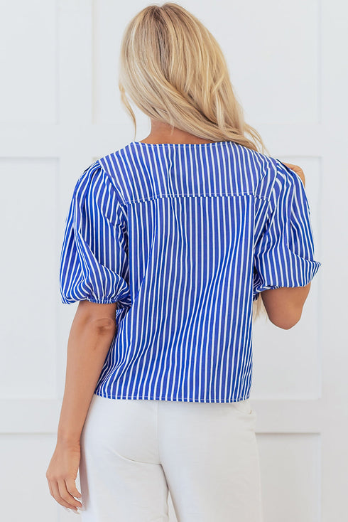 Striped Puff Sleeve Tie Front V Neck Blouse