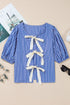 Striped Puff Sleeve Tie Front V Neck Blouse