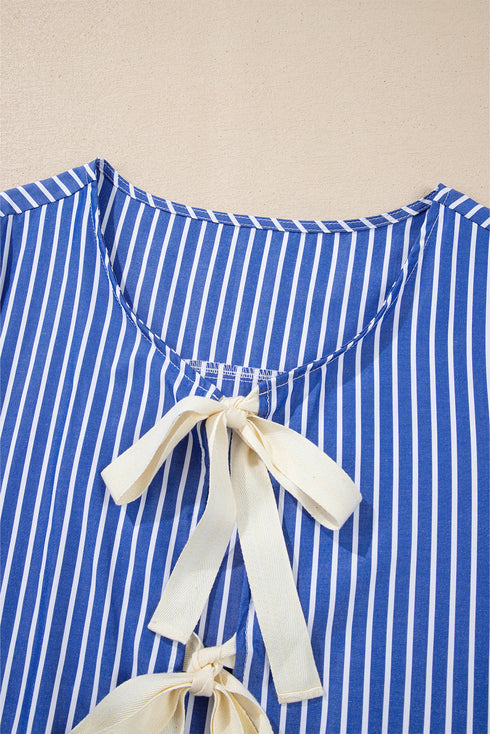 Striped Puff Sleeve Tie Front V Neck Blouse
