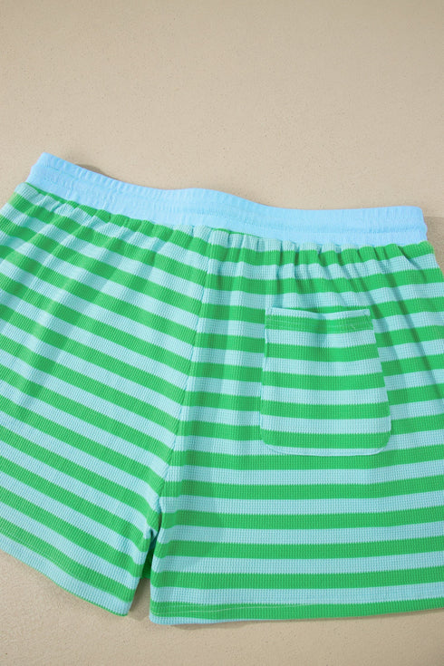 Striped Puff Sleeve Top Drawstring Shorts Matching Loungewear