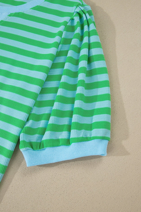 Striped Puff Sleeve Top Drawstring Shorts Matching Loungewear