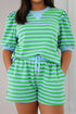 Striped Puff Sleeve Top Drawstring Shorts Matching Loungewear