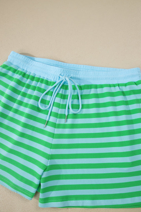 Striped Puff Sleeve Top Drawstring Shorts Matching Loungewear