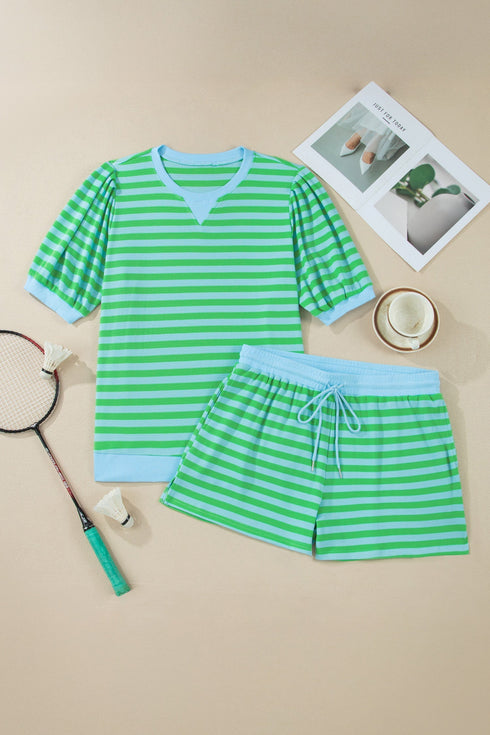 Striped Puff Sleeve Top Drawstring Shorts Matching Loungewear