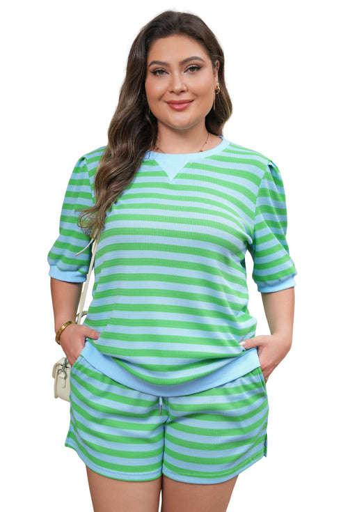 Striped Puff Sleeve Top Drawstring Shorts Matching Loungewear