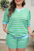 Striped Puff Sleeve Top Drawstring Shorts Matching Loungewear