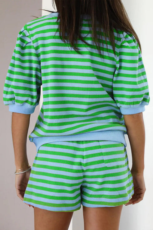 Striped Puff Sleeve Top Drawstring Shorts Matching Loungewear