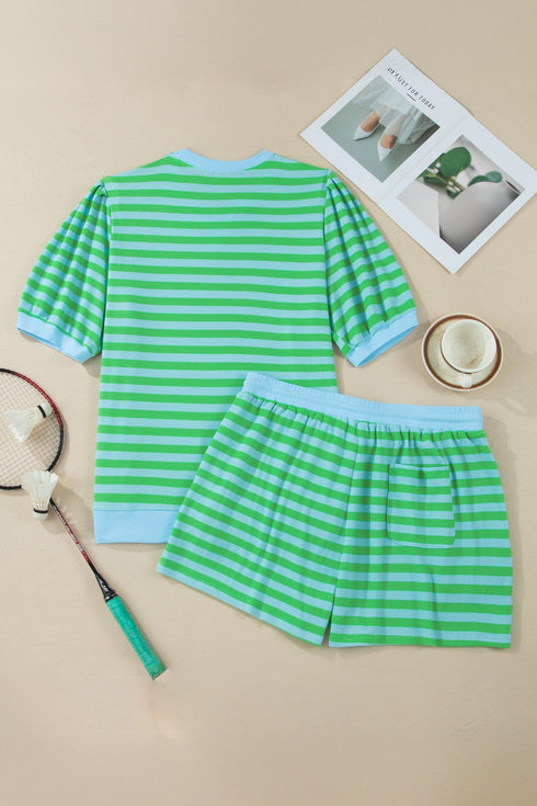Striped Puff Sleeve Top Drawstring Shorts Matching Loungewear