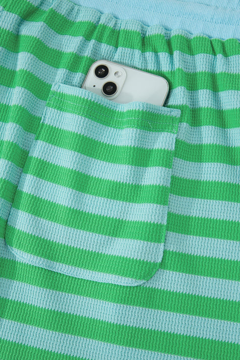 Striped Puff Sleeve Top Drawstring Shorts Matching Loungewear