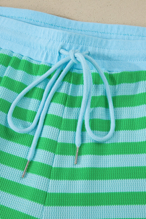 Striped Puff Sleeve Top Drawstring Shorts Matching Loungewear