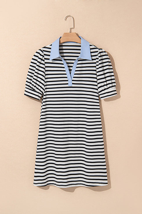 Striped Puff Sleeve V Neck Collared Pocket Mini Dress