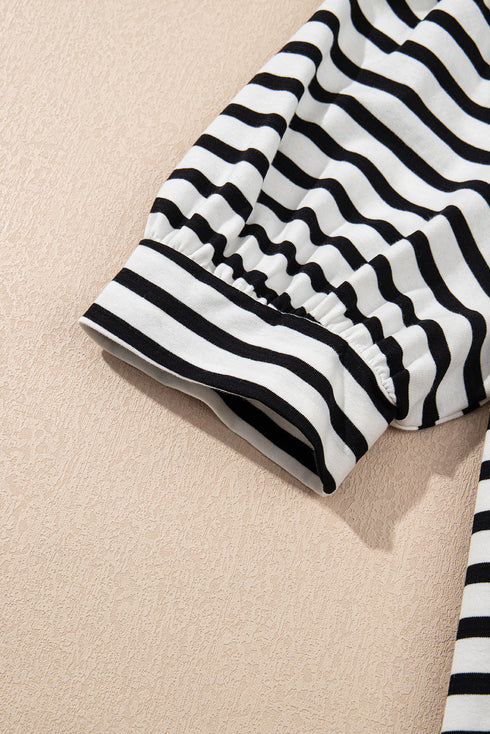 Striped Puff Sleeve V Neck Collared Pocket Mini Dress