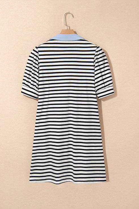 Striped Puff Sleeve V Neck Collared Pocket Mini Dress