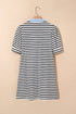 Striped Puff Sleeve V Neck Collared Pocket Mini Dress