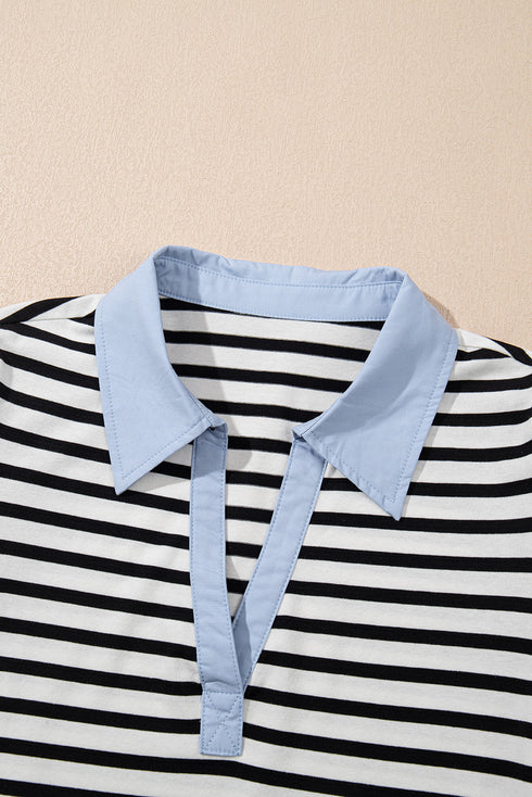 Striped Puff Sleeve V Neck Collared Pocket Mini Dress