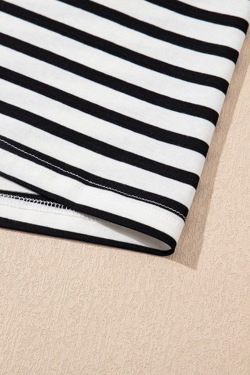 Striped Puff Sleeve V Neck Collared Pocket Mini Dress