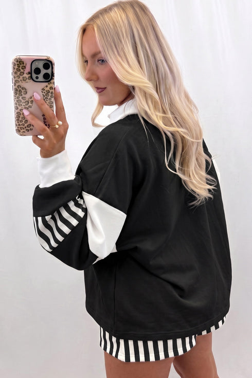Striped Pullover Two Piece Drawstring Short Set