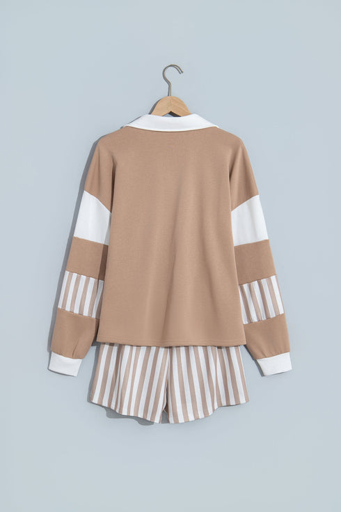 Striped Pullover Two Piece Drawstring Short Set