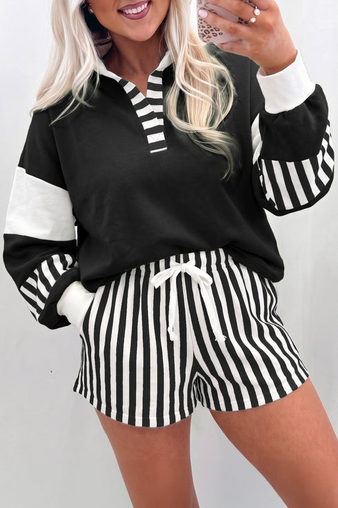 Striped Pullover Two Piece Drawstring Short Set