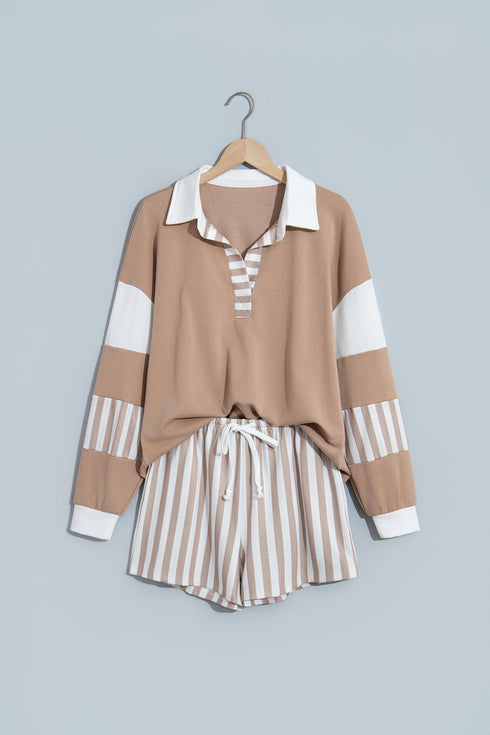 Striped Pullover Two Piece Drawstring Short Set