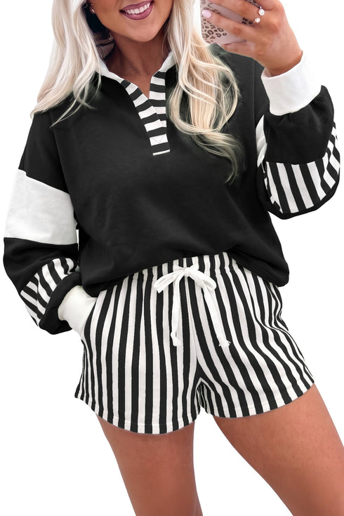 Striped Pullover Two Piece Drawstring Short Set