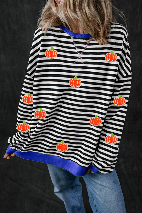 Striped Pumpkin Patch Crew Neck Pullover Sweatshirt