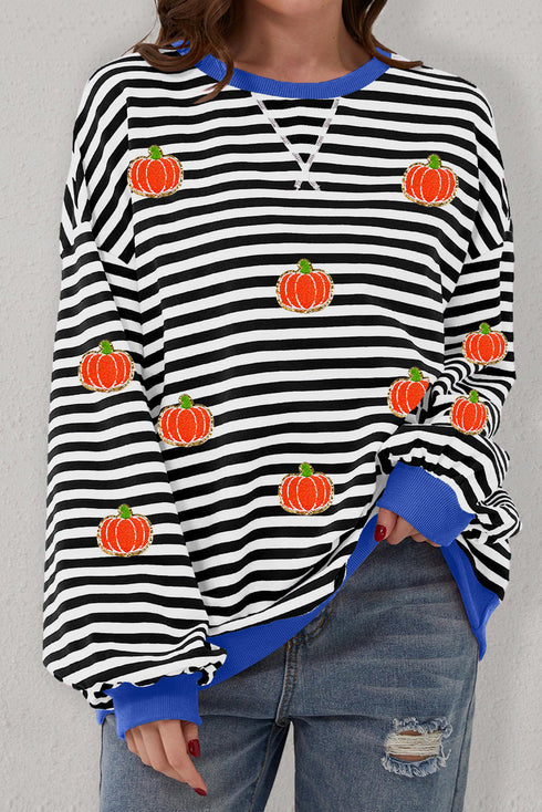 Striped Pumpkin Patch Crew Neck Pullover Sweatshirt