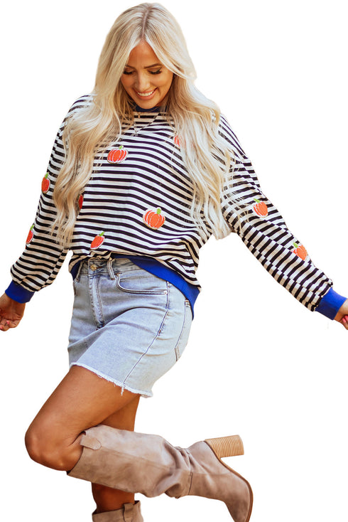 Striped Pumpkin Patch Crew Neck Pullover Sweatshirt