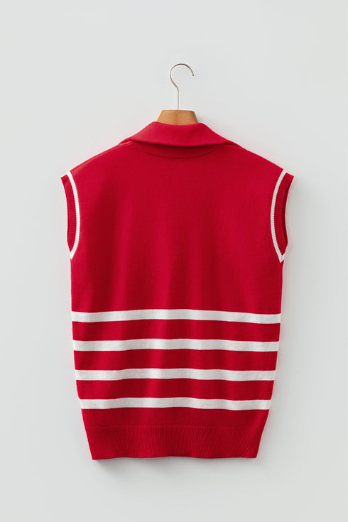 Striped Quarter Zip Collared Sleeveless Knit Sweater