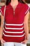 Striped Quarter Zip Collared Sleeveless Knit Sweater