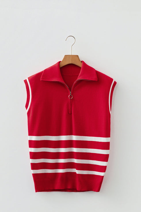 Striped Quarter Zip Collared Sleeveless Knit Sweater
