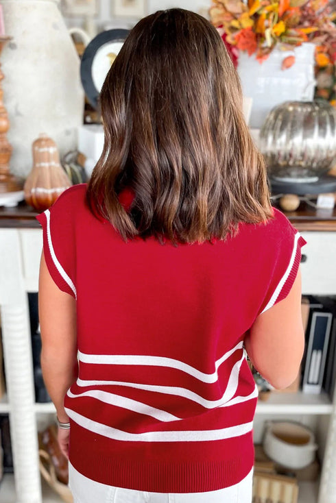 Striped Quarter Zip Collared Sleeveless Knit Sweater