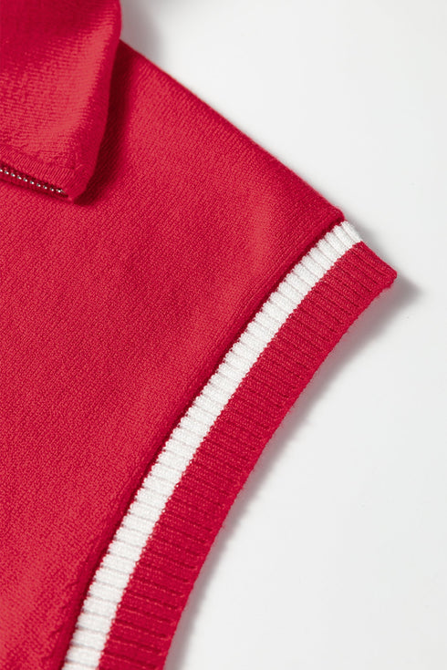 Striped Quarter Zip Collared Sleeveless Knit Sweater